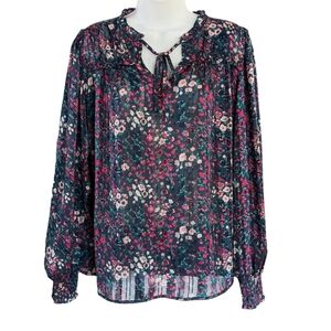 Maison d'Amélie Puff sleeves peasant satin floral blouse shirt green pink Medium